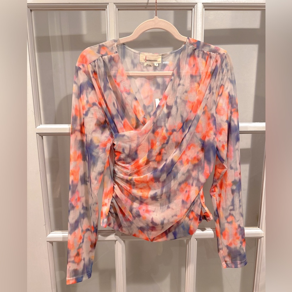 🤎ANTHROPOLOGY🤎 SIDE RUCHED FAUX WRAP MESH TOP